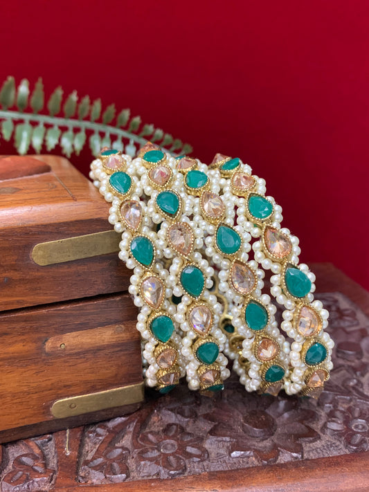 Polki dual shade bangle set in teal green and antique