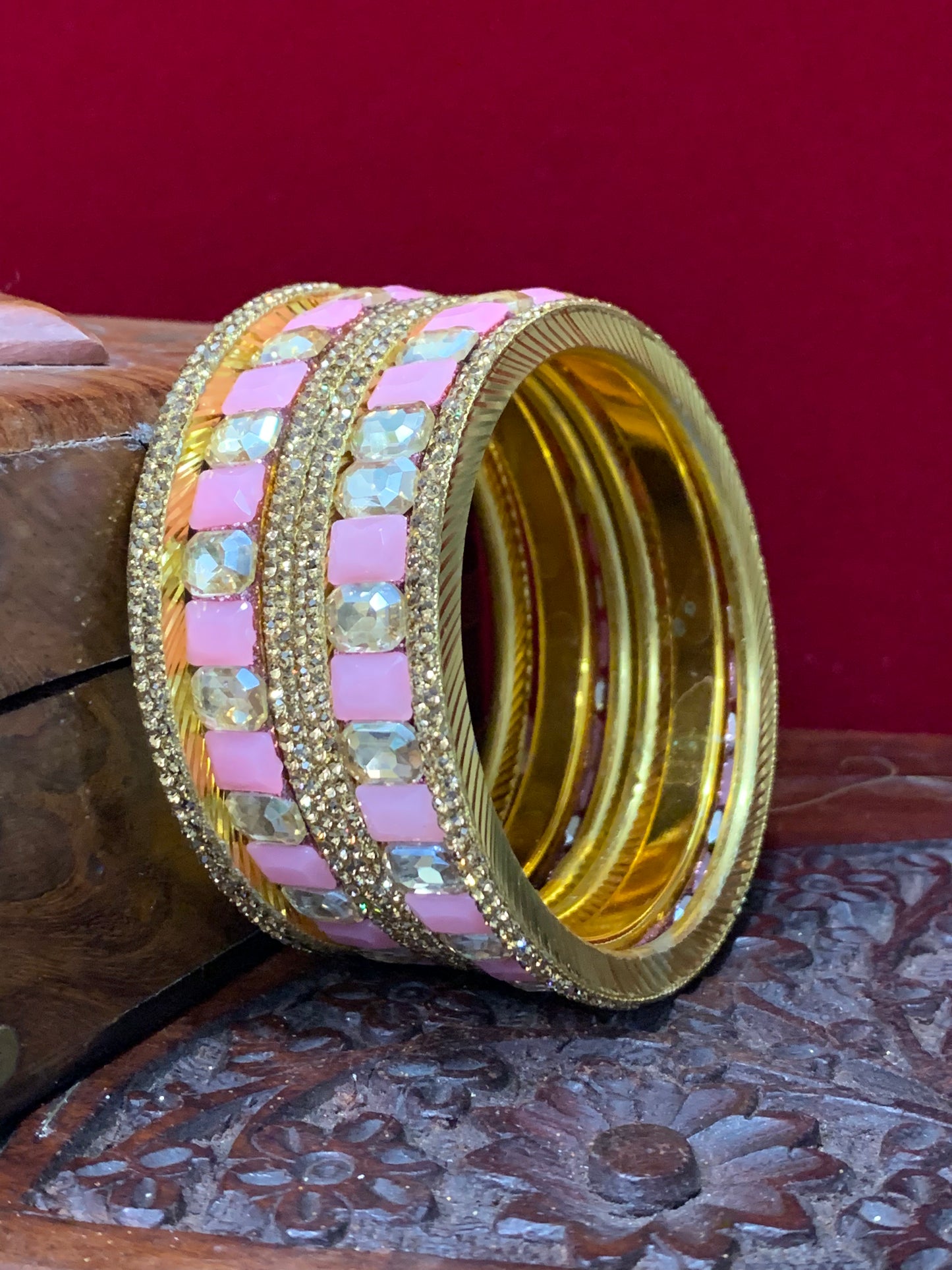 Light pink Rhinestone bangle with monalisa stone and crystal work