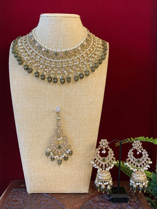 Tylor Reverse polki semi bridal necklace with matching jhumki tikka