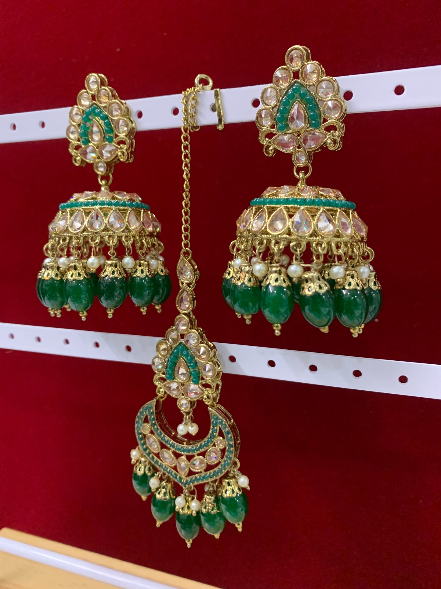 Polki jhumki tikka Emerald green