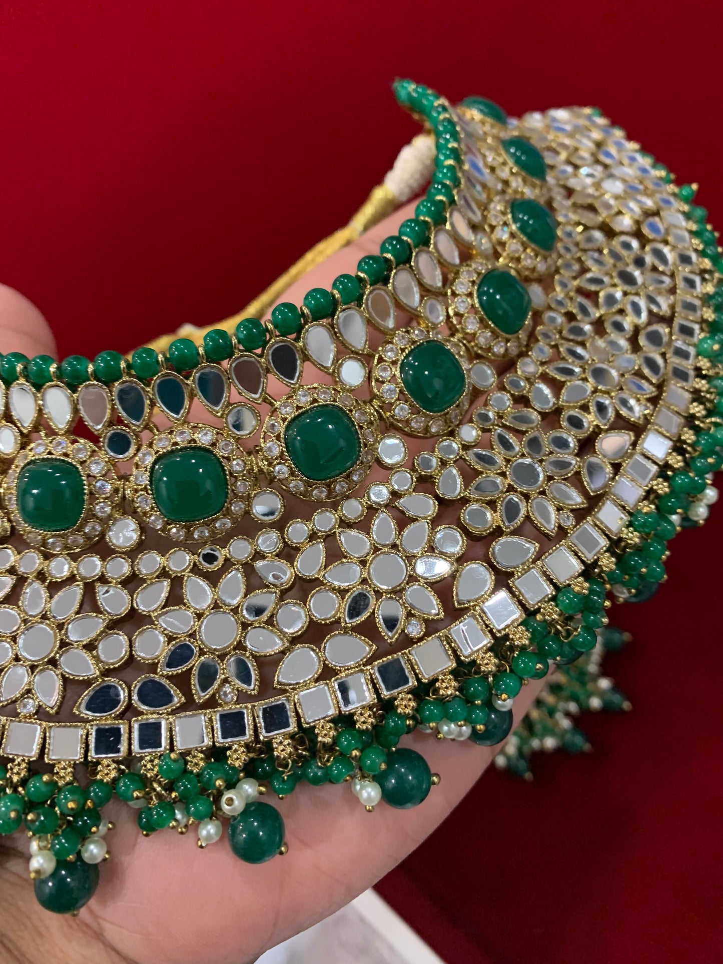 Mirror kundan semi bridal set in emerald gold
