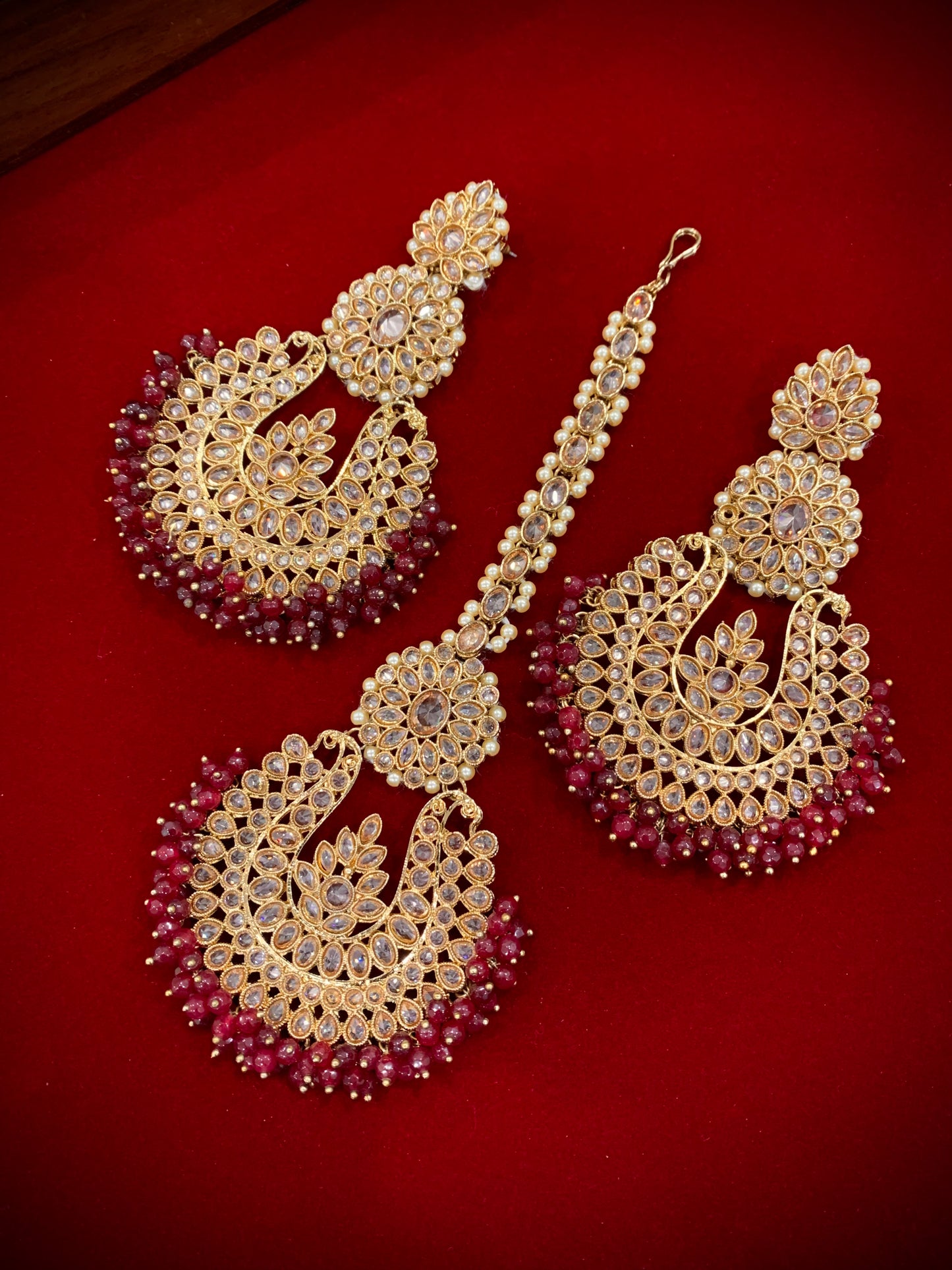 Polki chandbali style earring Tikka maroon burgundy Lola