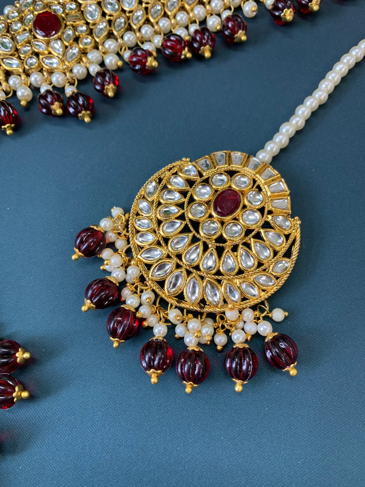 Tessa kundan choker set with matching chandbali and  tikka maroon/ burgundy