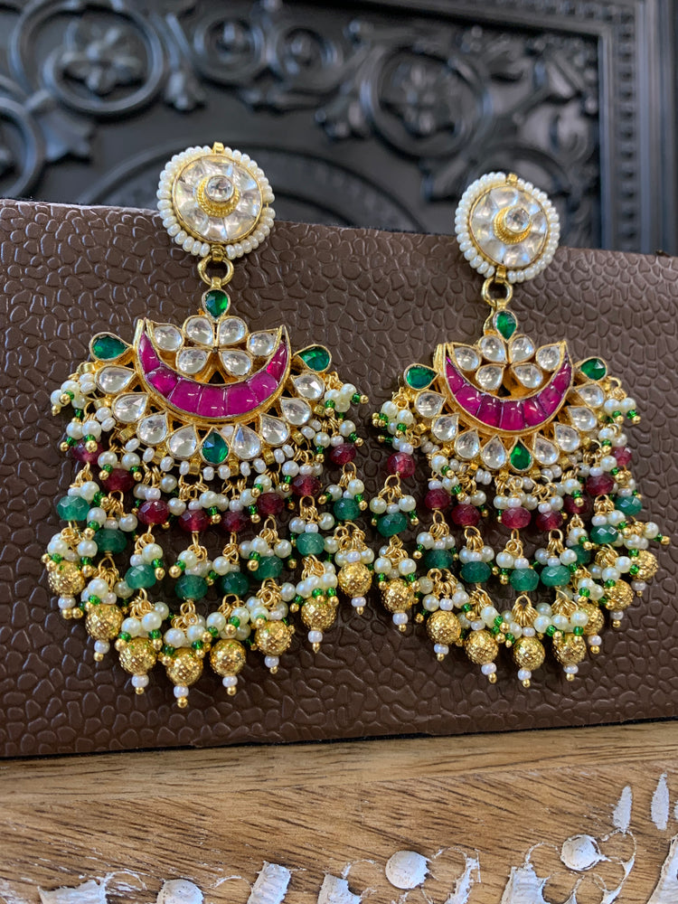 Leslie pachi Kundan chandbali earring small to medium size red and green multi