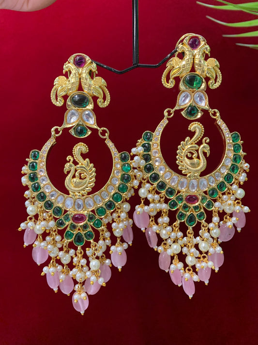 Ava Kundan chandbali earring multi with pink glass drops