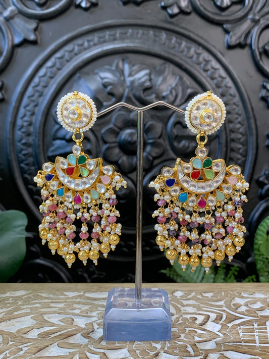 Leslie pachi Kundan chandbali earring small to medium size multi Navratan style