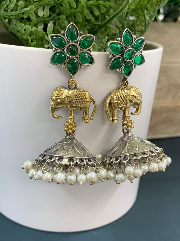 Usher dual tone oxi /gold plated jhumki/ jhumka earring emerald green