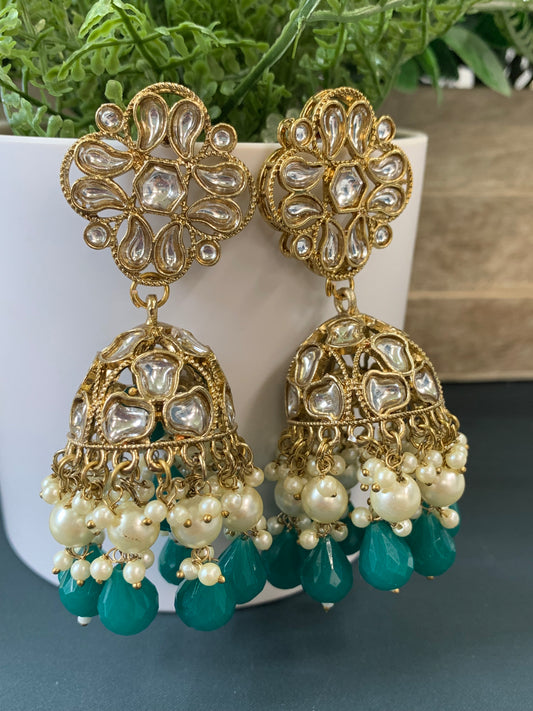 Dia kundan jhumki/ jhumka earring teal green