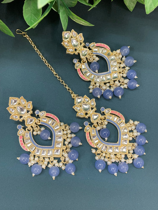 Amber kundan light weight earring tikka set blueish grey