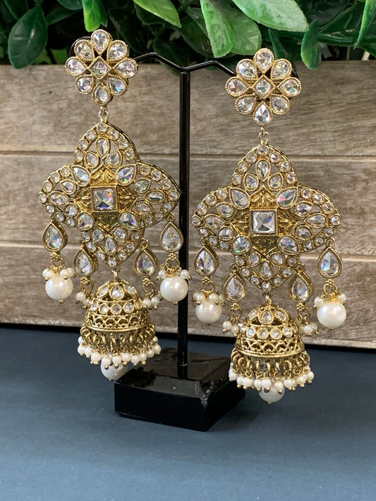 Katha polki jhumki earring antique polk/ gold / clear green