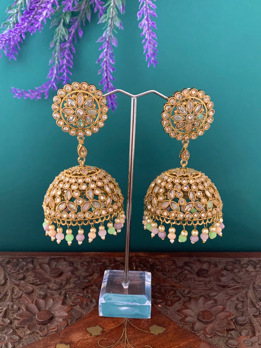 Rashi polki statement jhumki earring antique polki/ white pearl /pastel multi