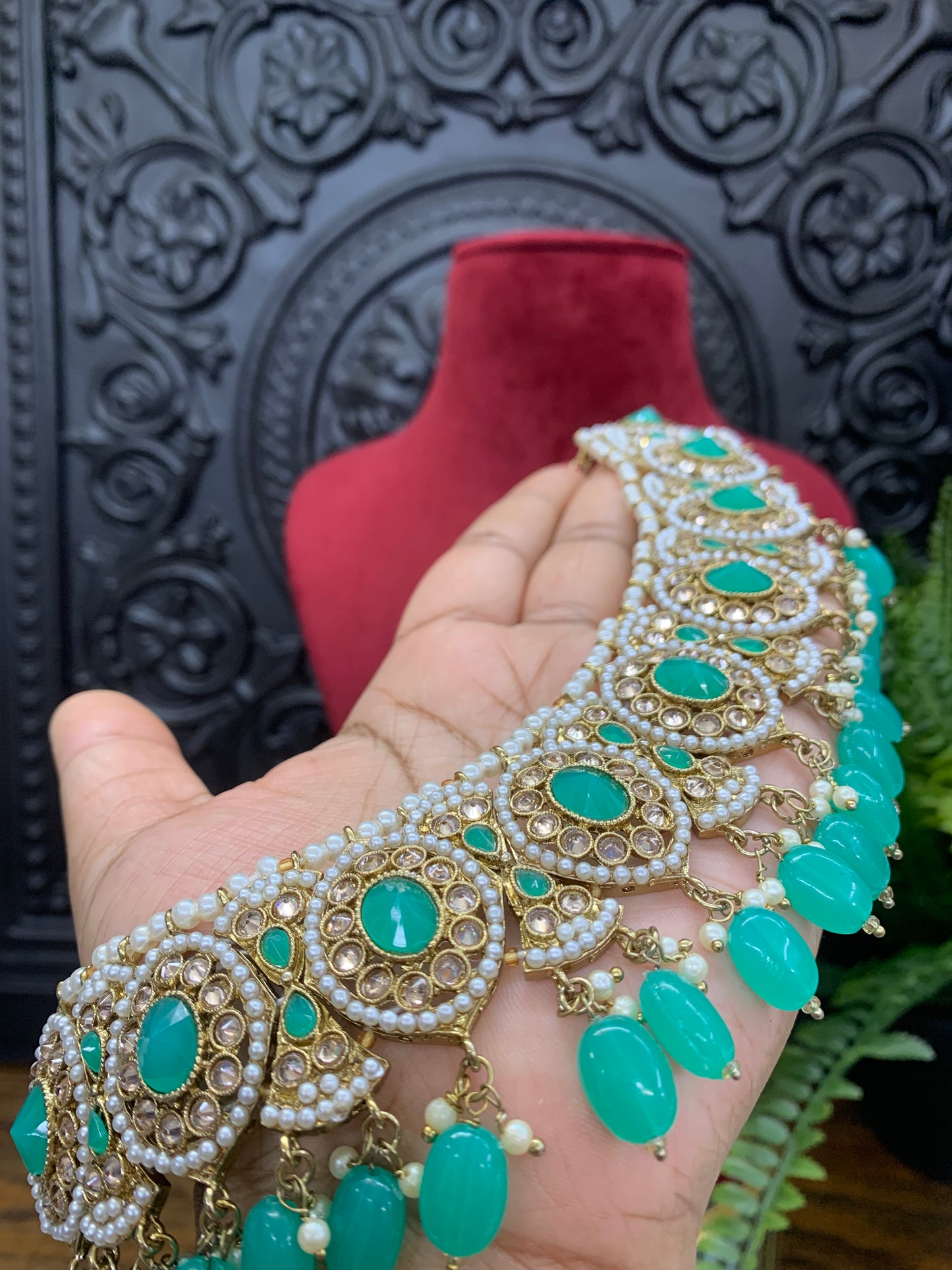 Polki choker necklace antique stone and white pearl turquoise beads