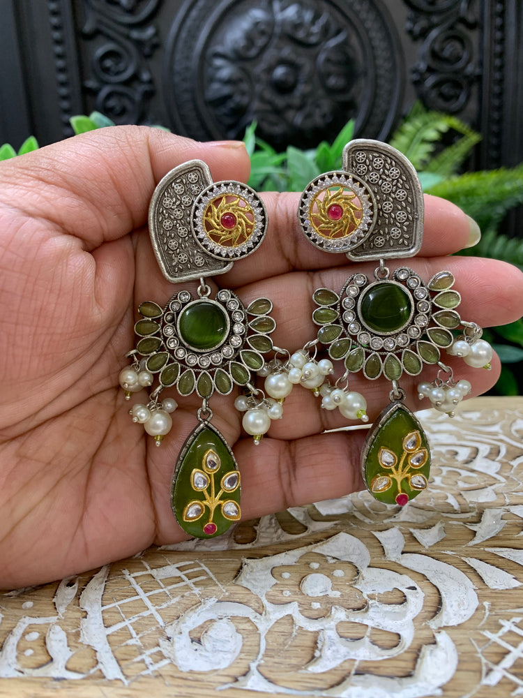 Tannu dual tone chandbali style German silver fusion earring olive mahendi green