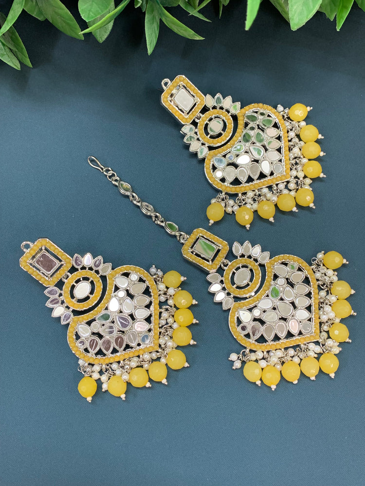 Amrita chandbali mirror earring tikka set pastel yellow