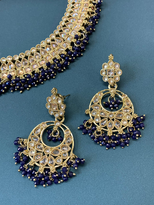 Rashmeet polki necklace with matching earring tikka dark blue