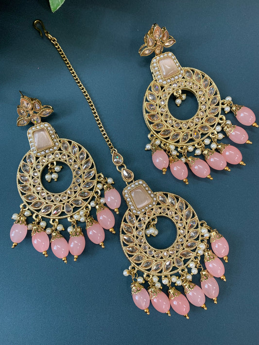 Alira tikka set polki earring tikka set grapefruit pink