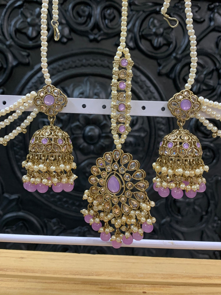 Shana triple layer bahubali sahare jhumki ear chain and matching tikka antique gold /lavender