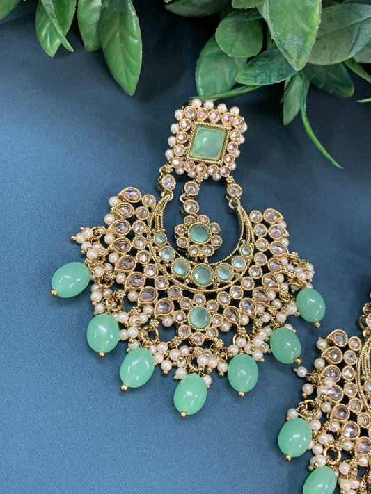 Raisa polki jhumki earring antique polk/ gold /mint green