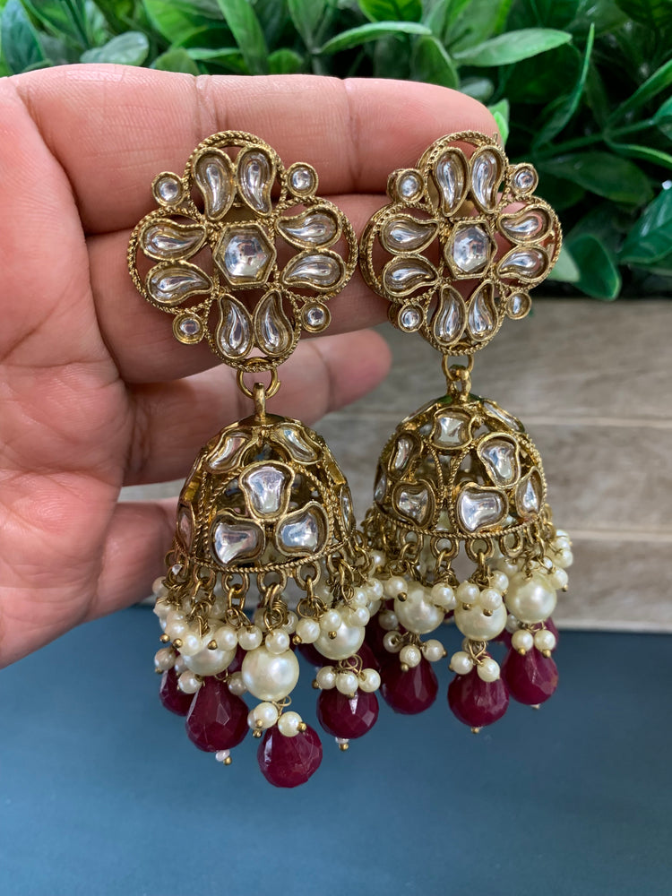 Dia kundan jhumki/ jhumka earring maroon / burgundy