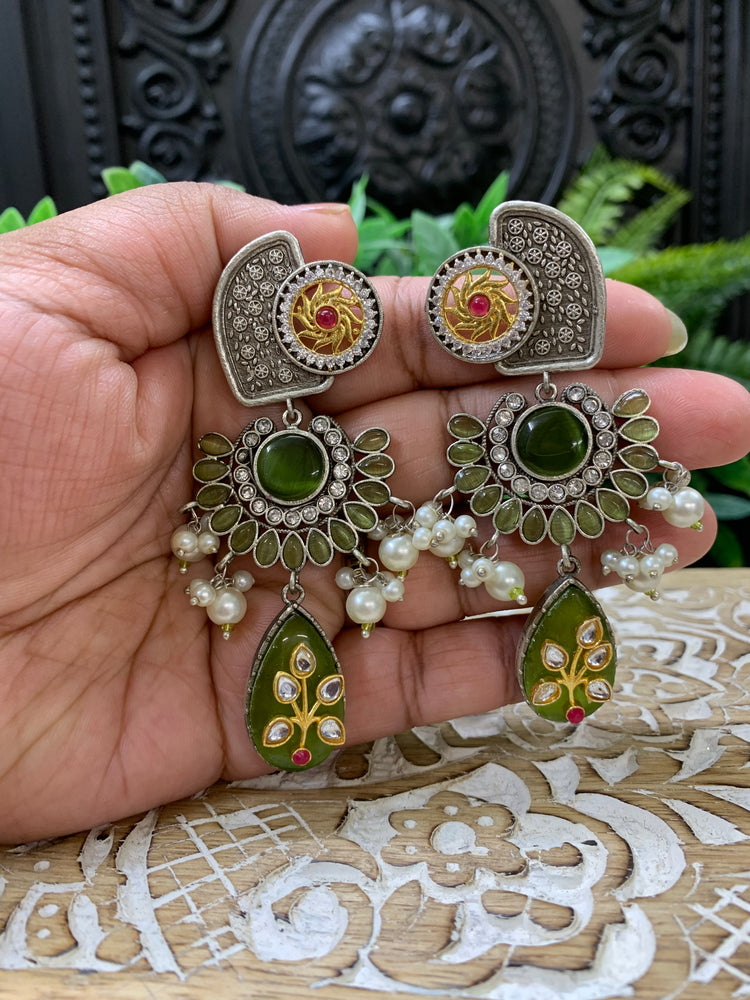 Tannu dual tone chandbali style German silver fusion earring olive mahendi green