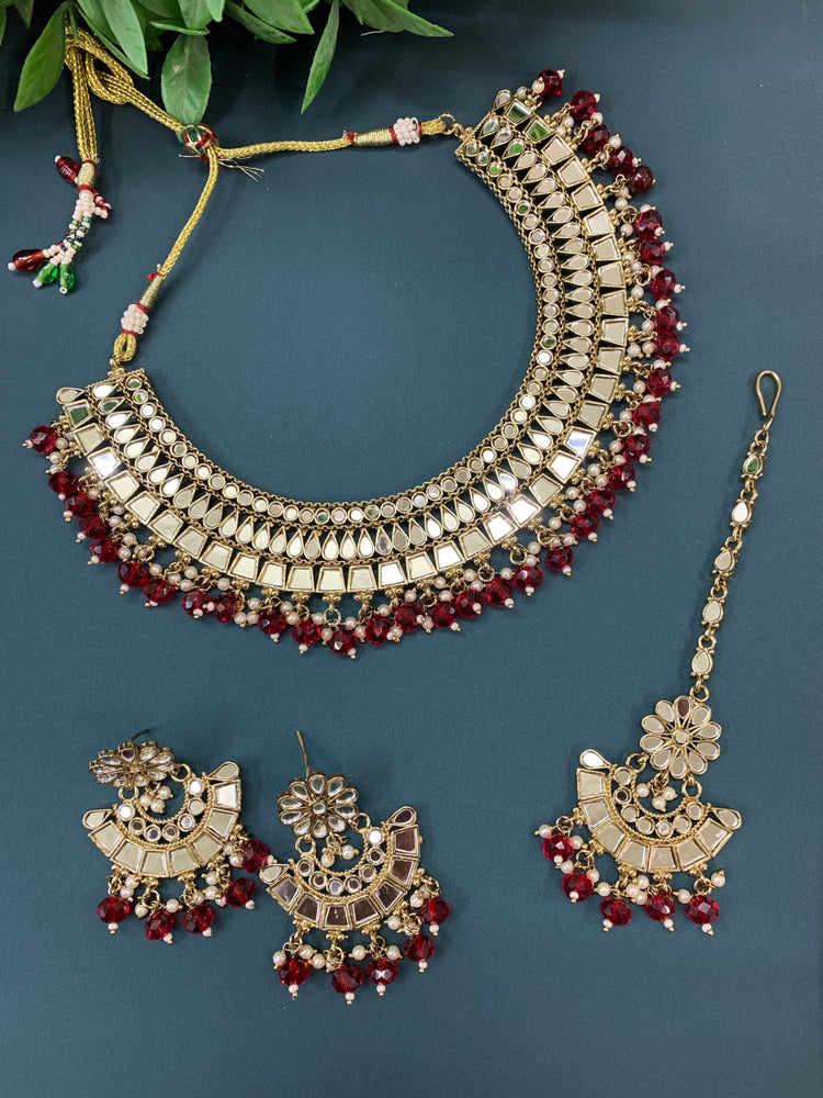 Shreya mirror necklace set with matching Chandbali antique cherry red