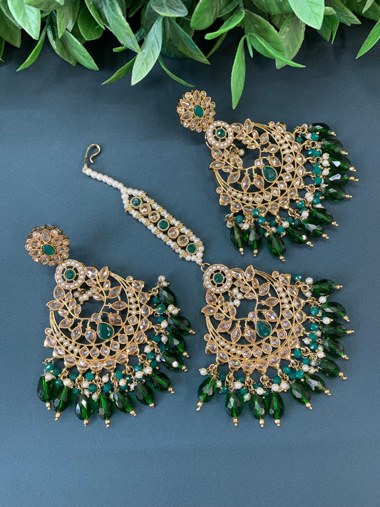 Bulbul polki statement earring tikka set antique gold/ crystal emerald green