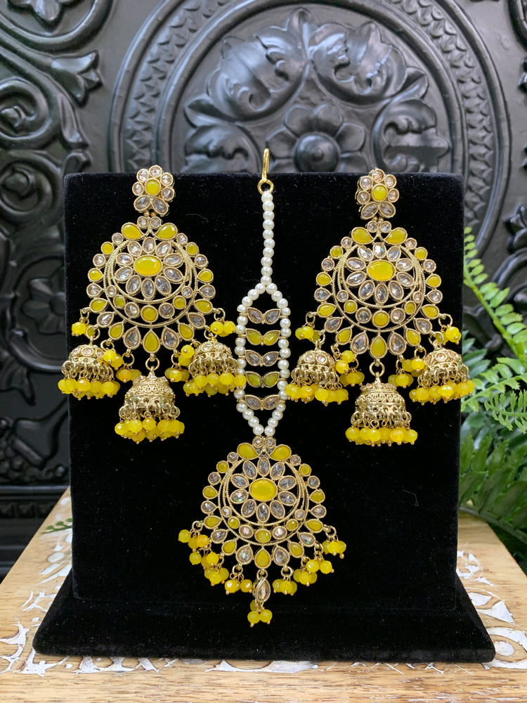 Kiana polki triple jhumki Chandbali style earring with matching tikka pastel yellow