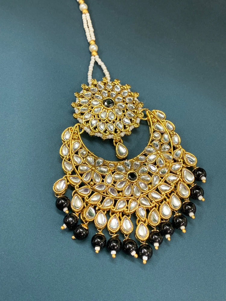 Zia traditional kundan jhumki with sahare and matching oversized tikka gold/black