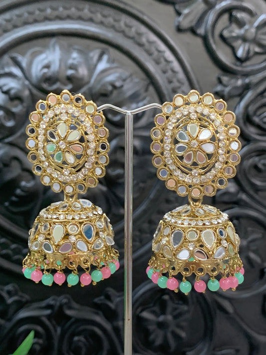 Kate mirror jhumki tikka antique gold pastel multi