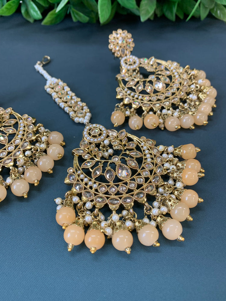 Bulbul polki statement earring tikka set antique gold/nude/peach