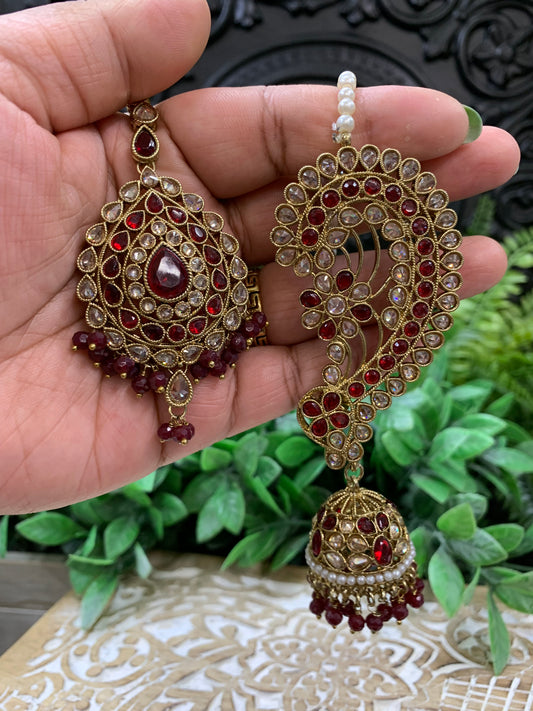 Jacklyn over the ear earring tikka jhumki sahare set maroon burgundy