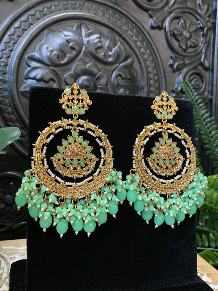 Laila Chandbali fashion statement earring antique base, mint drops