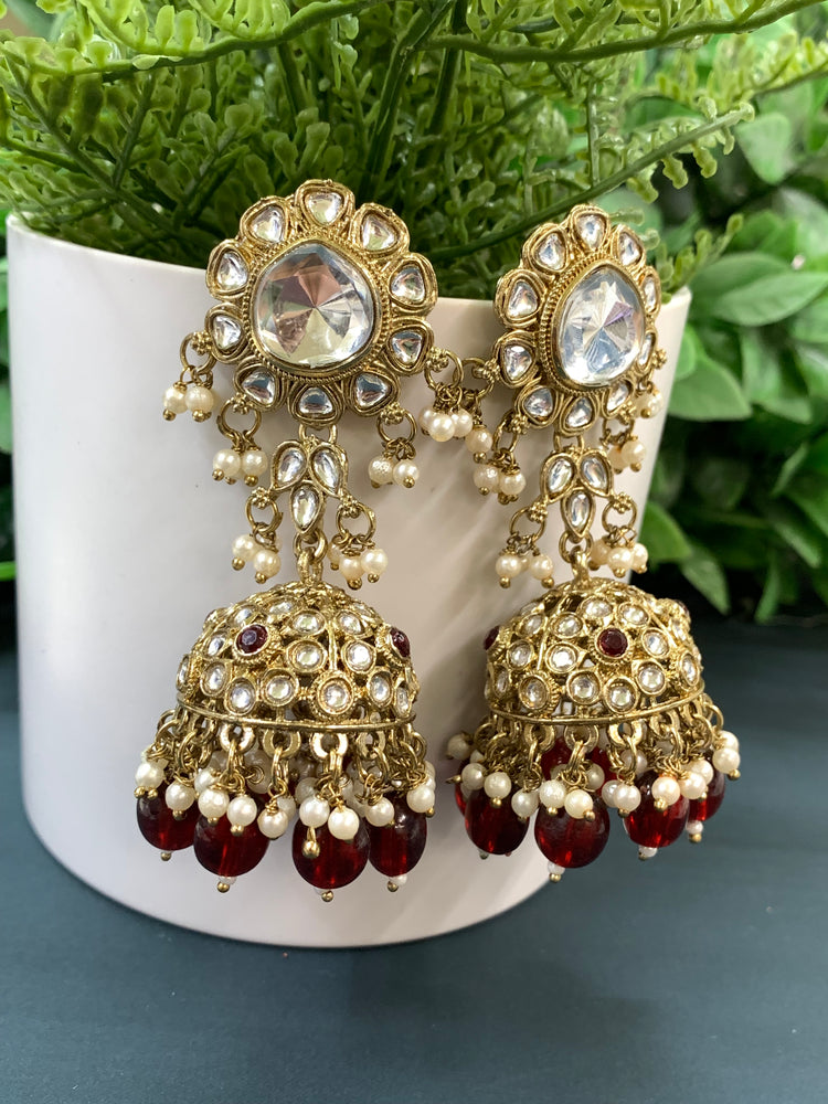 Mohini kundan jhumki/ jhumka earring maroon / burgundy