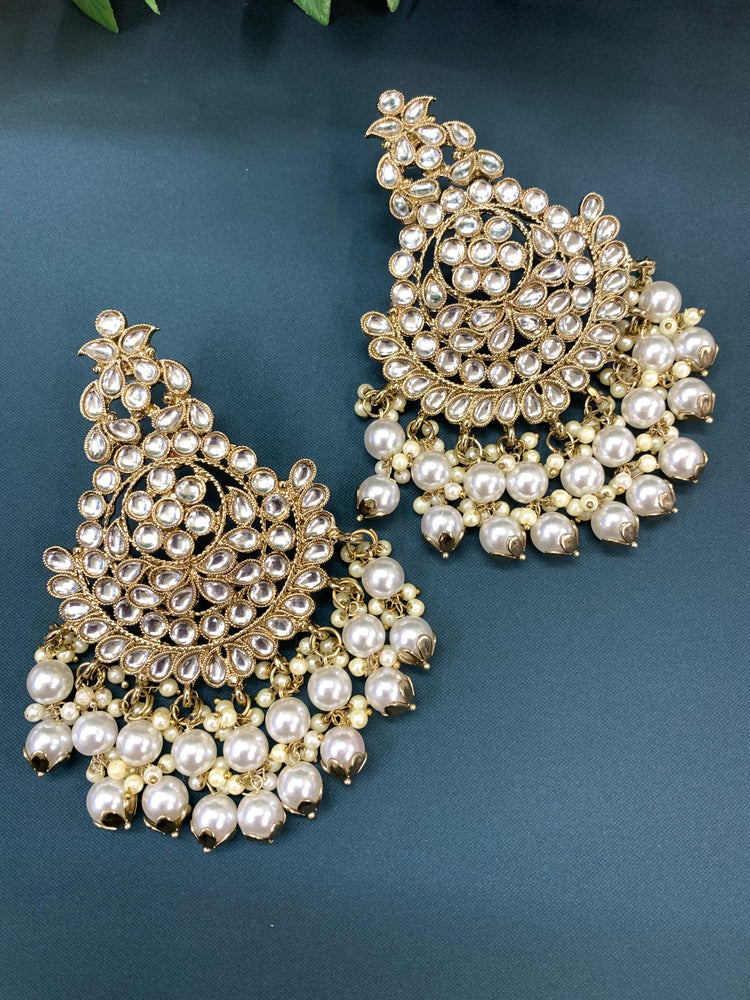 Puspa kundan fashion chandbali style earring set white pearl/ gold/antique