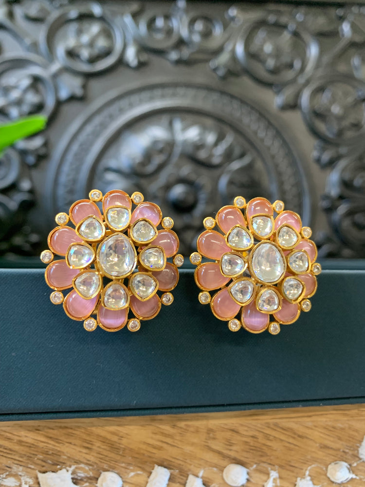 Premium moissanite kundan stud earring pink