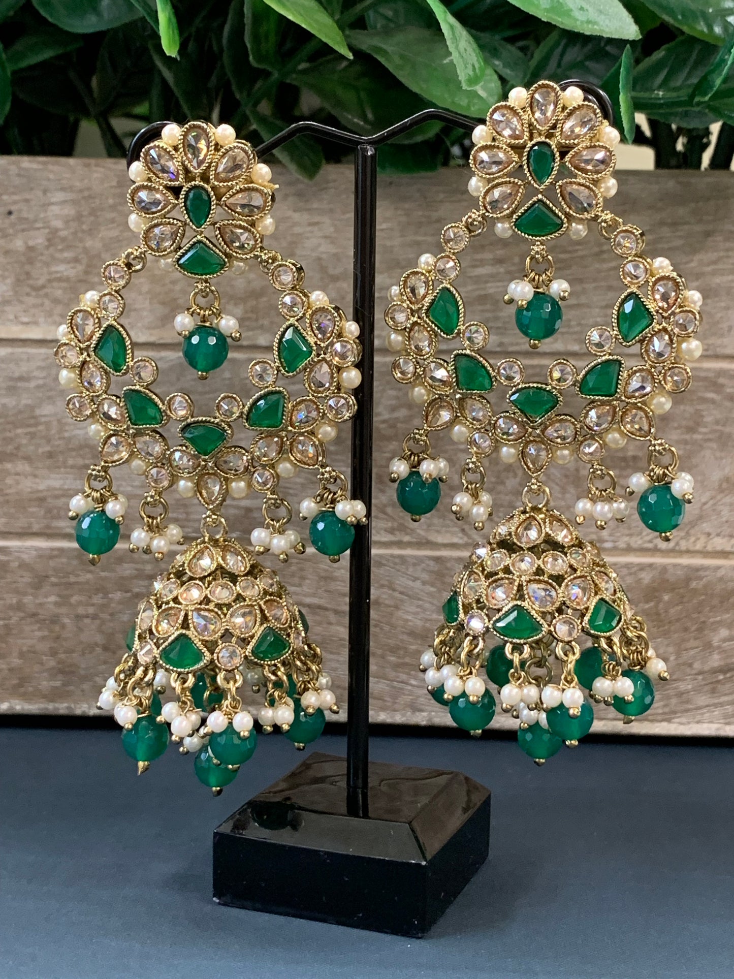 Hadia polki jhumki earring antique polk/ gold / emerald green
