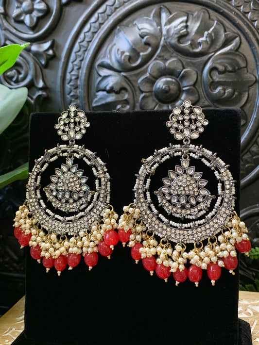 Laila Chandbali fashion statement earring gold base,red drops