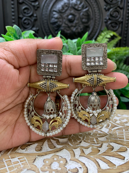 Taha dual tone chandbali style German silver earring grayish white