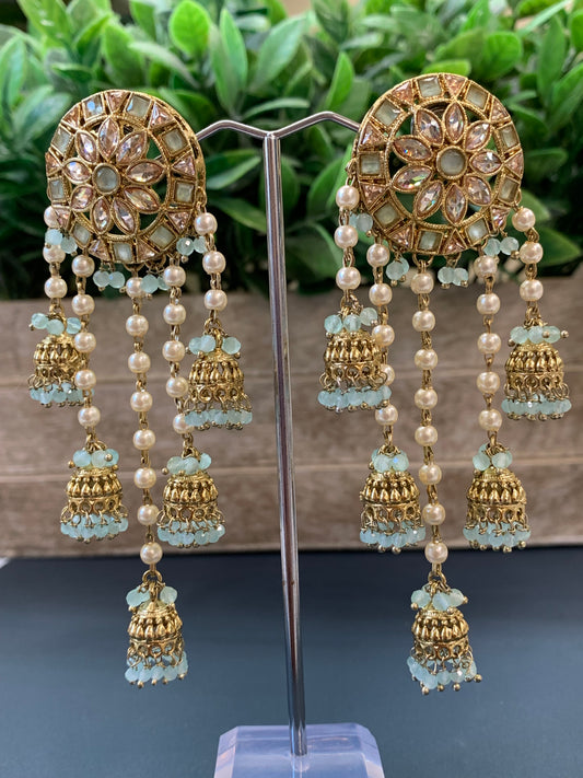 Rowan polki jhumki earring antique polk/ gold /mint green