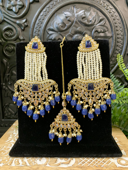 Toma polki earring jhumar style with matching tikka navy blue