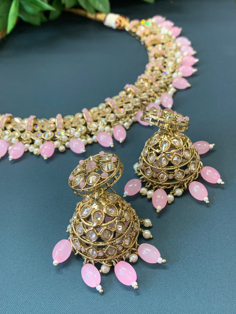 Allan polki necklace with jhumki tikka blush pink