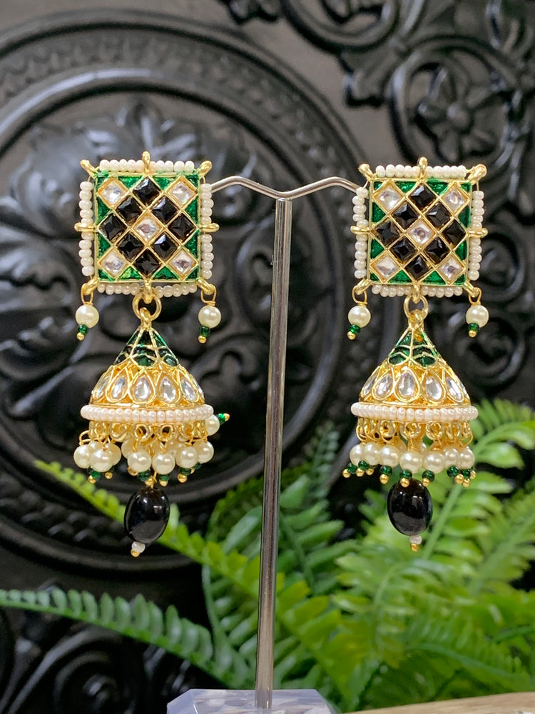 Saru kundan jhumki everyday wear small lightweight black / green