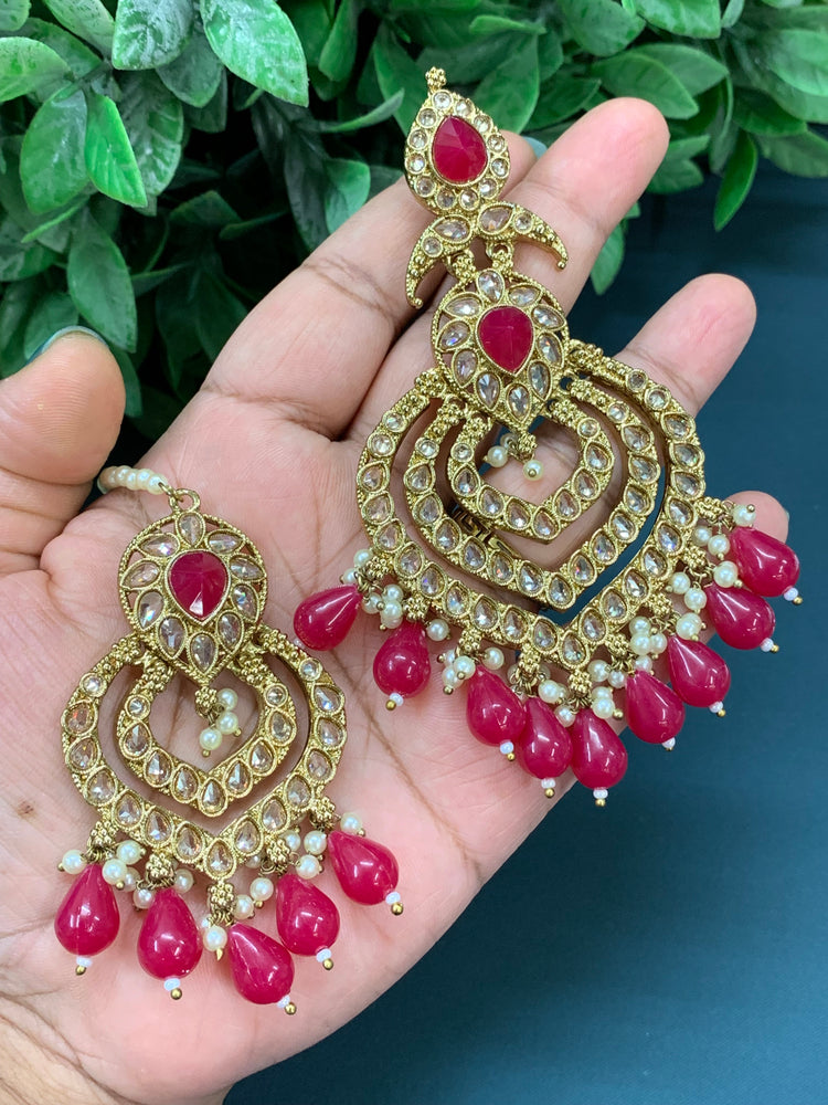 Tara polki Chandbali earring with matching tikka magenta hot pink