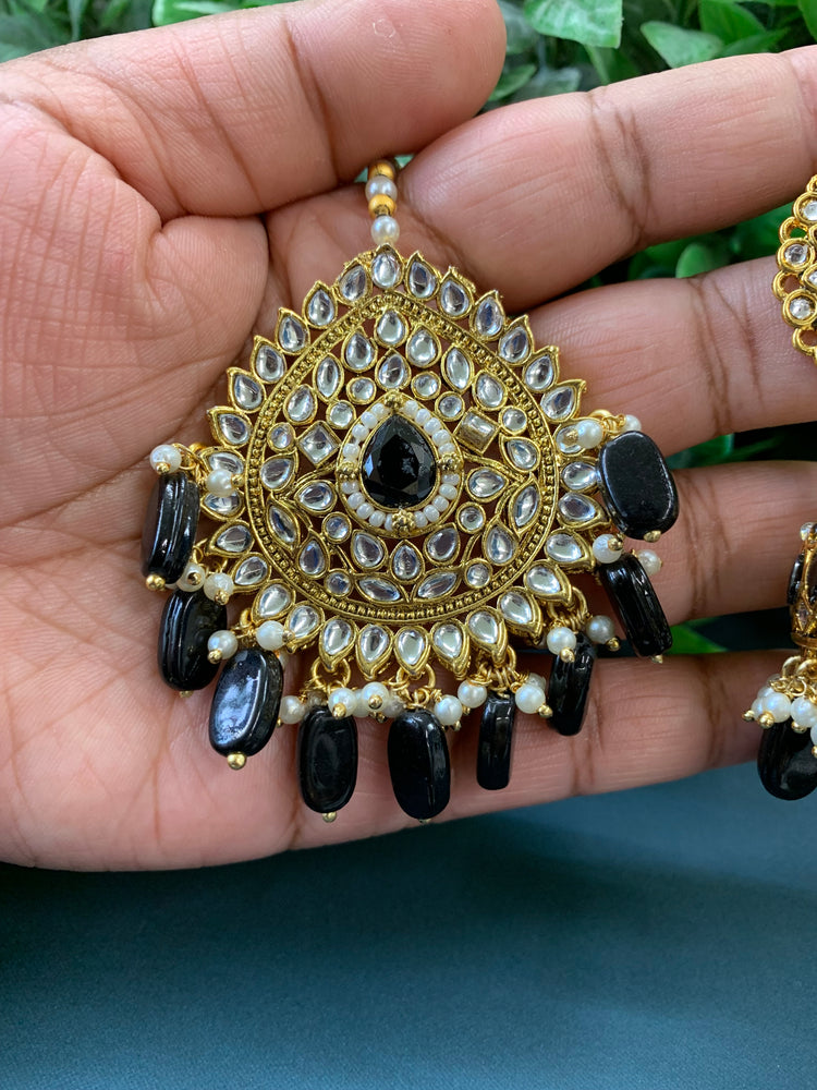 Priya gold plated kundan jhumki earring and tikka black