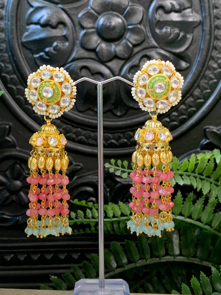 Bobi pachi kundan jhumki earring multi