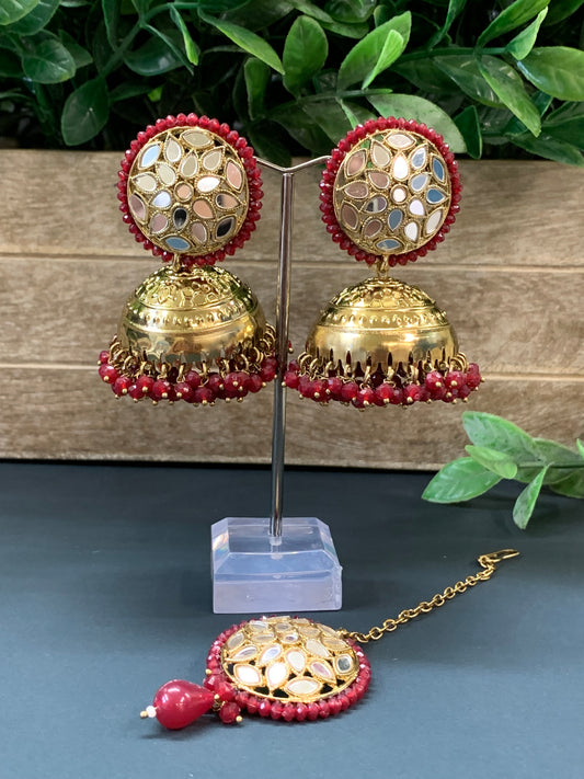 Kerry mirror jhumki tikka antique gold /red