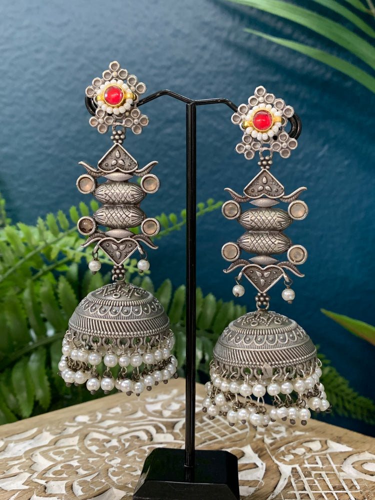 Silver replica statement  jhumki earring with pachi kundan details