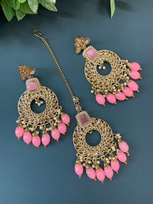 Alira tikka set polki earring tikka set pink