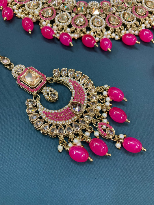 Reagan polki necklace set with matching Chandbali and tikka set gold/white/pearl/ magenta/ pink