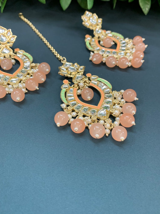 Amber kundan light weight earring tikka set nude peach